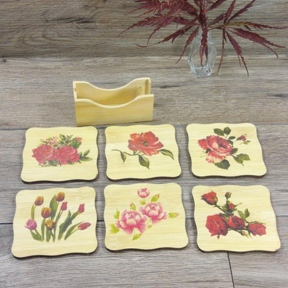Coaster Set Wooden Flowers Drinks Coaster w/Holder Home Housewarming Gift VTG - Picture 5 of 7